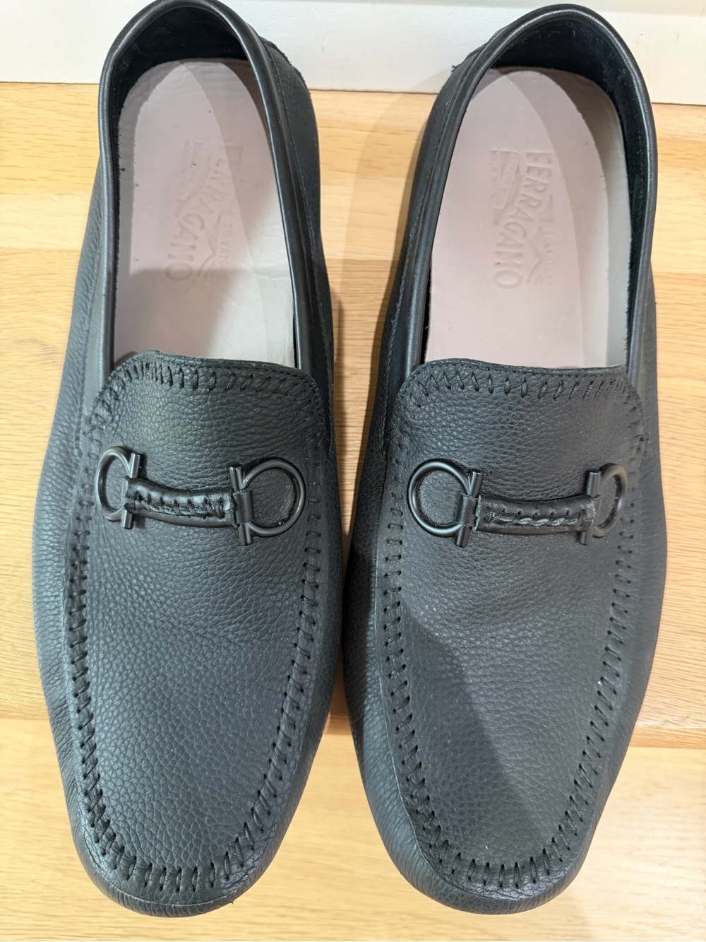 Salvatore Ferragamo Black Pebbled Leather Bit Loafers